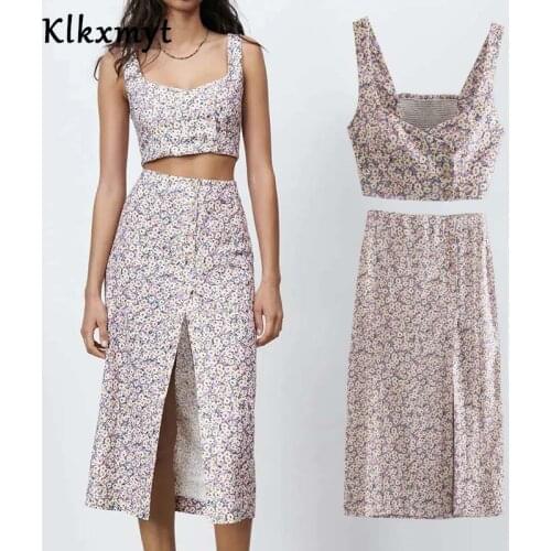 Klkxmyt Za 2021 Fashion Floral Print Sleeveless Crop Tops Women Tanks Camis And High Waist Long Skirt Women Two Pieces Set