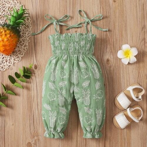 Toddler Baby Girls Summer Jumpsuits Pineapple Print Long Romper Sleeveless Sling Rompers with Ruffle Newborn Cotton Clothings