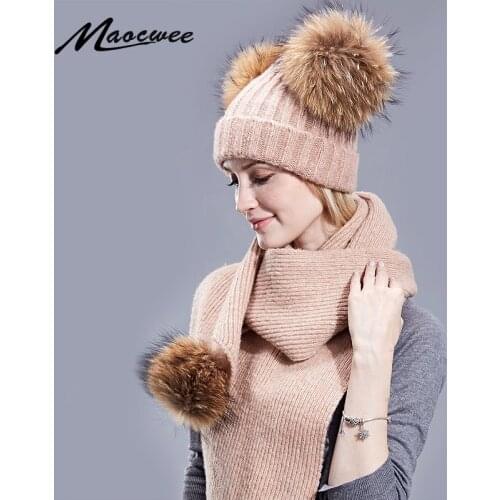 Hat Scarf Set Parent-child Beanies Hats Real Fur Pom Pom Autumn Winter Women Wool Crochet Knitted Children Wool Soft Solid Bone
