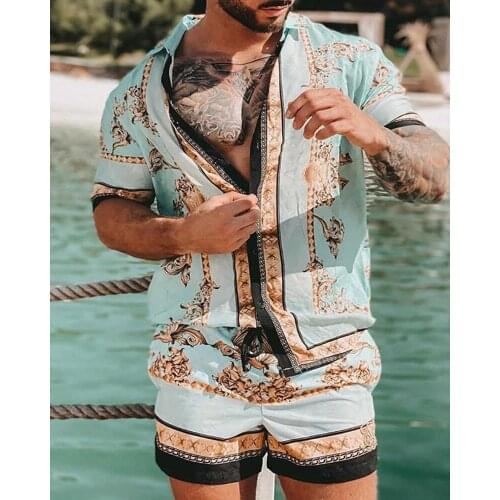 Summer 2021 Mens Hawaiian Suit Printed short sleeve button-down shirt Beach shorts street wear Sexy casual mens Suit 2 s-3XL I