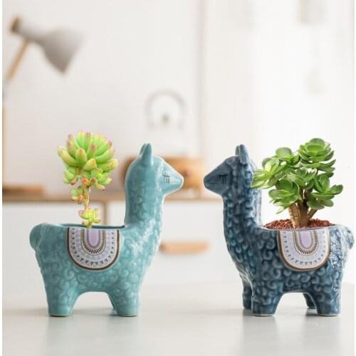 New Ceramic Plant Succulent Flower Pot Creative Personality Cute Alpaca Cartoon Desktop Ornaments Home Gardening Ornaments