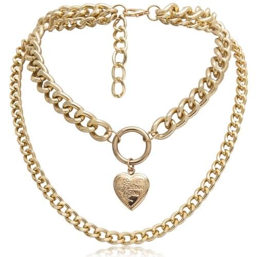 New Fashion Punk Metal Heart Choker Necklace For Women Big Thick Chain Round Hollow Multilayer Pendant Long Necklaces Jewelry