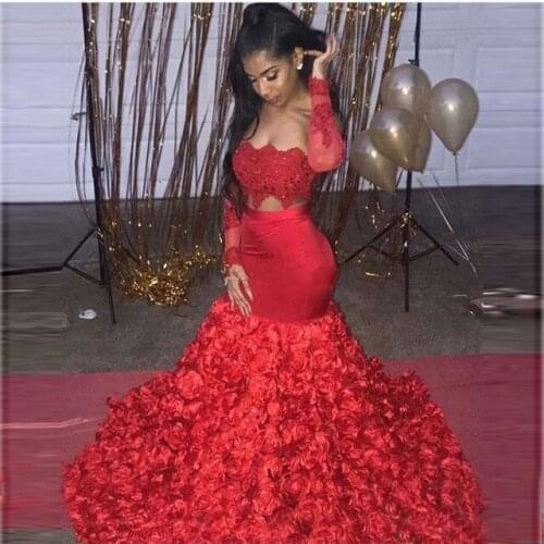 Prom Dresses Formal Evening Party Pageant Gowns African Two Pieces Long Sleeve Red Dubai Arbic 3D Flowers Black Girl Couple Day
