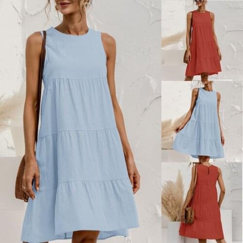 Sleeveless Casual Loose Solid Dress Women Summer O-Neck Sexy Off Shoulder Tank Holiday Sundress