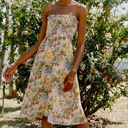 Summer Party Tie-string Dresses Knee Sundresses Elastic Bandage Printed lacing Vestidos Women holiday vintage floral Midi Dress