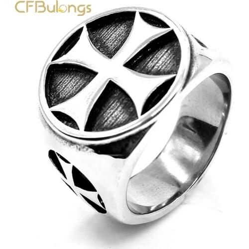 CFBulongs Personality Cross Medal Titanium Steel Male Ring Cool Silver Color Stainless Steel Ring Finger Retro Mason Jewelry