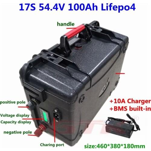 Waterproof 17S 54.4V 100Ah LiFepo4 lithium battery pack with BMS for UPS boat electric vehicle solar power system EV+10A charger