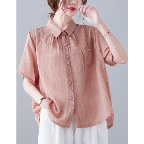 Oversized Women Cotton Casual Shirts New Arrival 2021 Summer Vintage Style Solid Color Loose Female Short Sleeve Tops B647