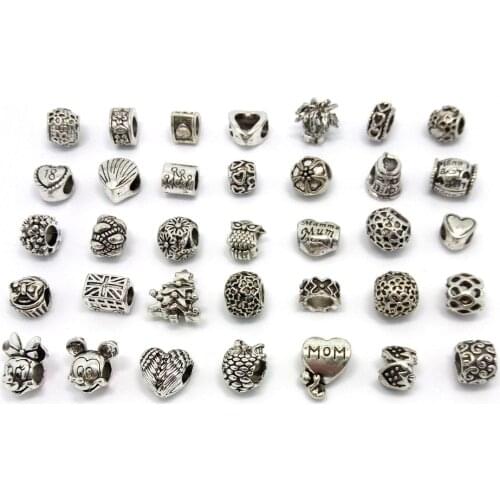 Free Shipping 50pcs 2015 new mix new style antique silver plated alloy big hole beads charms fit European bracelet DIY