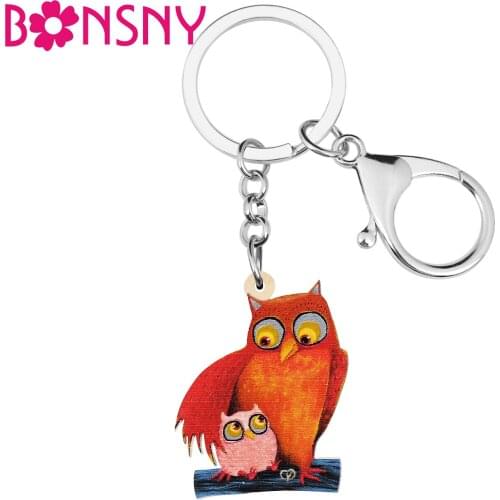 BONSNY Mothers Day Acrylic Red Baby Owl Keychains Ring Fashion Car Purse Key Chain Novelty Gift Jewelry For Women Girls