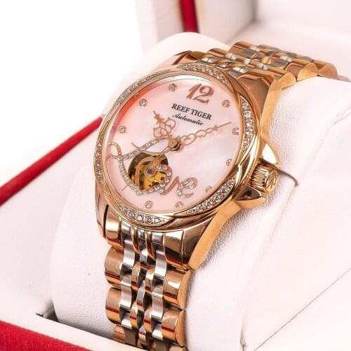 Reef Tiger/RT Luxury Automatic Flower Diamond Women Watch Rose Gold Waterproof Steel Bracelet Relogio Feminino Gift RGA1583