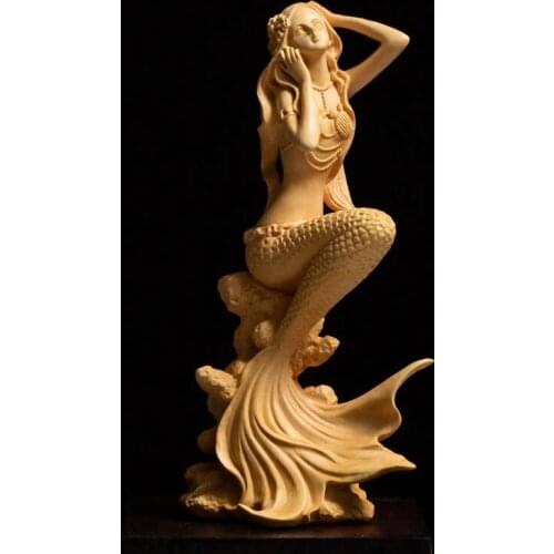 15/19cm Boxwood Carving Living Room Decoration Beauty Figure Statue Crafts Office Sculpture Mermaid Home Decor