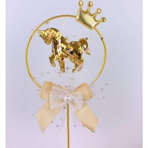 Unicorn Happy Birthday Cake Topper Sequins Circle Metal Acrylic Cupcake Topper for Kids Birthday Unicorn Party Cake Decorations