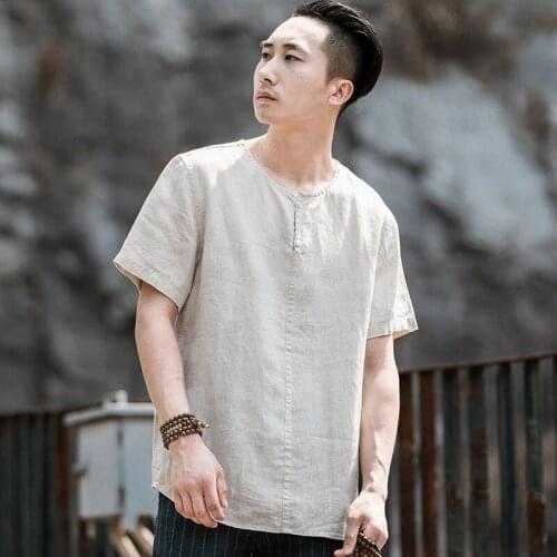 Summer Chinese Style Linen Short Sleeve Oversized Kung Fu T-Shirt Men Hip Hop Fashion Tee Streetwear Harajuku T Shirt Male 31185