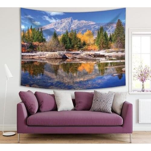 Tapestry Trees Stones Mountain Teton Range Reflection on Jenny Lake Wyoming USA Blur Green Yellow Nature Scenery Print