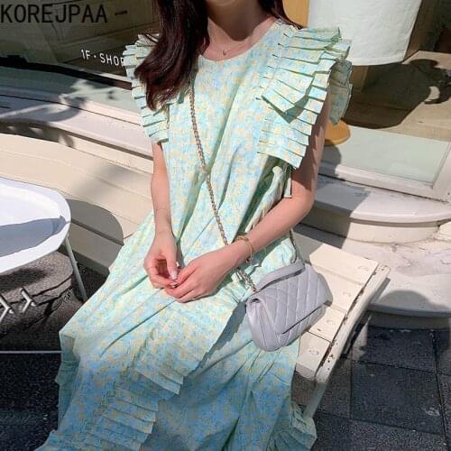 Korejpaa Women Dress 2021 Summer Ladies Sweet Fresh Full Screen Floral V-Neck Flying Sleeves Irregular Pleated Stitching Vestido