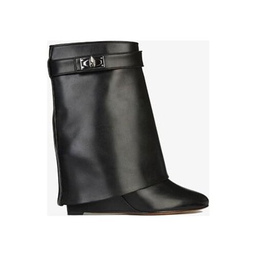 Shark Lock Leather Wedge Boots Height Increasing Fold Over Ankle Boot Women Riding Boots Winter Shoes Motorcycle Boots Free Ship