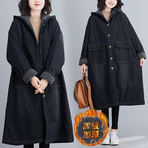 Plus Size Winter Womens 2020 New Plus Velvet Padded Coat Mid-length Loose Hooded Lamb Wool Denim Jacket Trend Windbreaker k1206