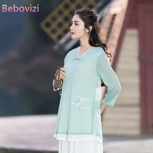Summer 2021 Chiffon Green Purple Hanfu Chinese Women Traditional Tang Han Fu Blouse Tops