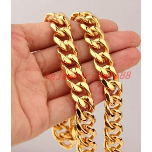 Top Hot Sale 10mm Wide Gold Tone Cuban Curb Link Chain Cool Mens Stainless Steel Necklace Or Bracelet Jewelry 7-40inches