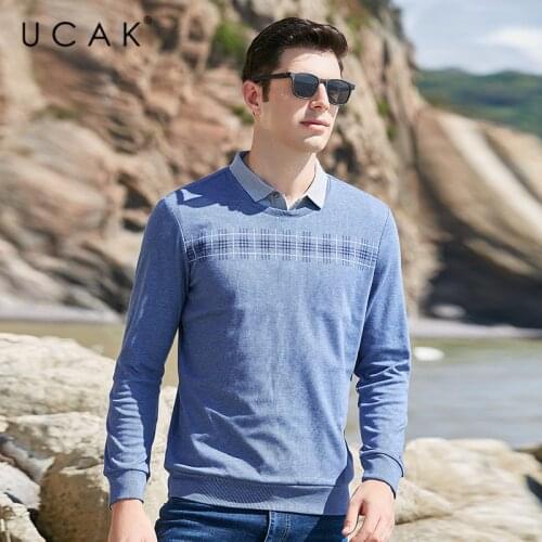 UCAK Brand Mens Turn-down Collar Fake Two Sweaters Clothing NEW Autumn Arrival Classic Streetwear Pullover Homme Clothes U1027