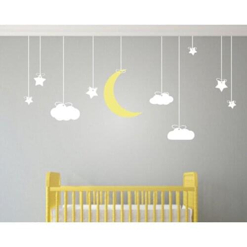 190X78cm Hanging Stars and Moon Clouds Wall Art Stickers- Removable Wall Stickers For Kids Room Nursery Baby Wall Art Mural D856
