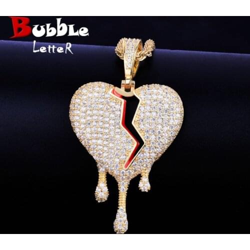 Red Color oil Drip Heart Necklace & Pendant With Tennis Chain Gold Color Cubic Zircon Mens Women Hip hop Jewelry Gift