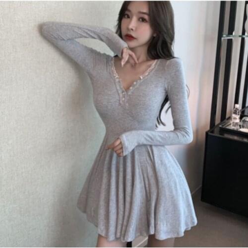 Woman Dress Summer Spring New Lace Miniskirt V-neck Long Sleeve Vestido De Mujer
