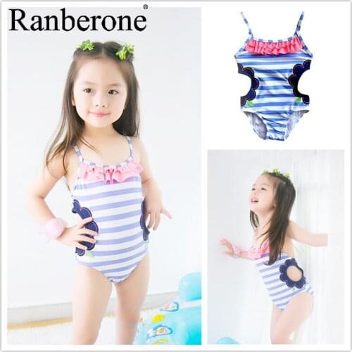 Ranberone Baby Girl Bikini Striped Beach Swimsuit Ruffles Bathing Suit One-Piece Swimwear Flower Hollow Out Tankini 2021