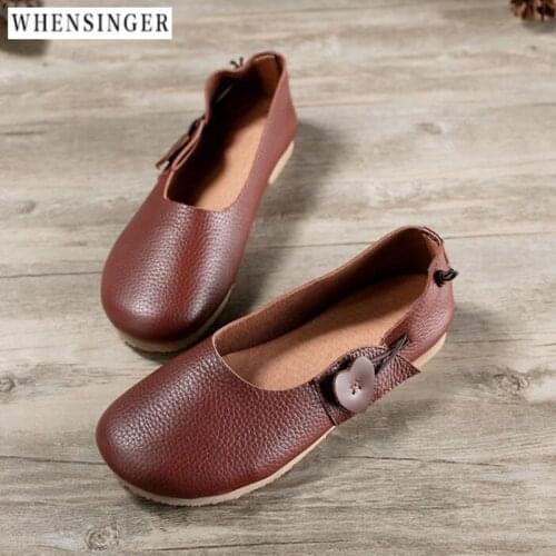 Whensinger - Women Flat Shoes loafers Genuine Leather Casual Elastic Button Flats Shoe