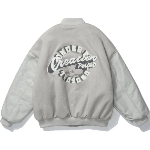 Chamois Suede Thick Baseball Jacket Autumn Winter Letter Embroidery Flocking Couples Streetwear Harajuku Patchwork Bomber Jacket