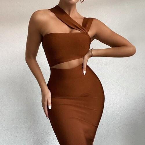 Bandage Skirt High Quality 2021 Summer Tan Cut Tight Fit Lady Elegant Sexy Midnight Club Celebrity Party Dress