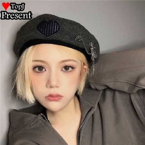 Women lady girl Harajuku Gothic Lolita cosplay sweet Lolita skull Knitted hat Decorative Punk steam chain HEART beret hat
