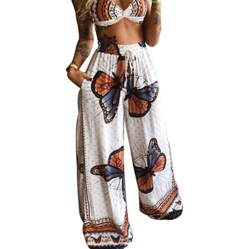 Women Beach 2pcs Boho Butterfly Outfits V-Neck Crop Top Wide Leg Palazzo Pants LX9E