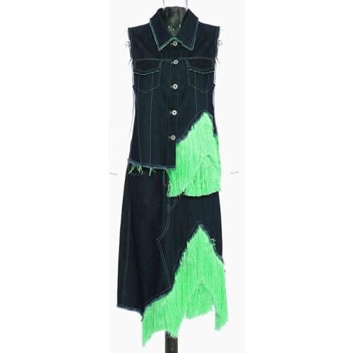 SeeBeautiful Denim Tassel Lapel Sleeveless Vest Half-body Skirt Set Two Pieces Woman Summer Autumn 2020 New Tide Fashion T063