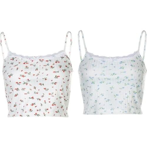 Women Spaghetti Strap Crop Top Pastoral Little Floral Printed Camisole Ribbed Knitted Lace Splicing Bowknot Sling Vest