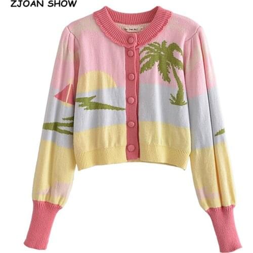 2021 Kawaii Retro Hit Color Puff Long sleeve Cardigan Vintage Woman O neck Rain forest Jacquard Sweater Knitted Jumper Knitwear