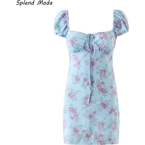 Splend Moda 2021 Summer Prairie Chic Fresh Holiday Style Blue Flower Print Square Collar Tie Slim-Fit Puff Sleeve Dress Womens