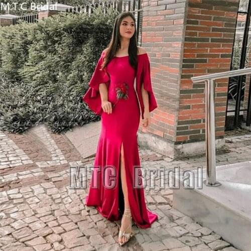 Long Flared Sleeves Mermaid Evening Dress Boat Neck Side Slit Plus Size Formal Dresses Elegant Wedding Party Gown Cheap