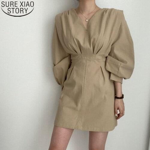 Korean Vintage Puff Long Sleeve Mini Dresses Autumn Women Dress V-neck Loose Dress Vestido Feminino casual Clothes Dresses 12426