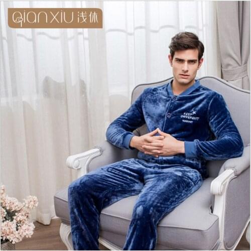 2021 Winter Plus size Pijamas Men Casual Pajama sets Male Warm Flannel Sleepwear suit Mens Baseball collar Coat & Pants XXL