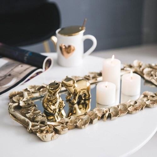 1Pc Rectangular Gingko Leaf Retro Carved Tray Mirror Tea Fruit Dessert Coffee Dessert Table Storage Tray(Golden)