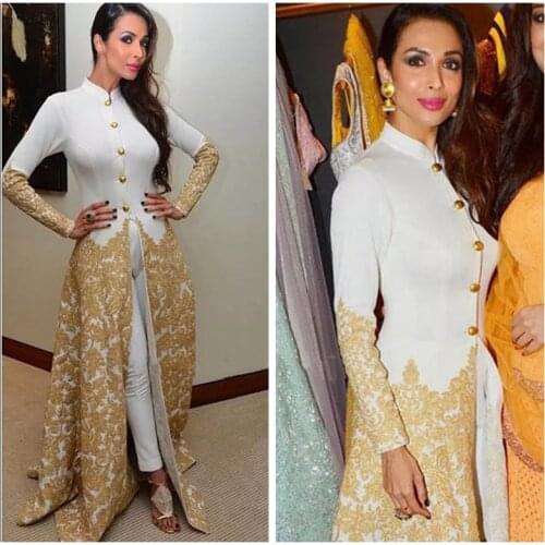 2019 Evening Gowns Long Sleeves High Neck Caftan with Pants Gold Lace Appliques Malaika Arora Khan Arab Formal kaften Prom Gowns