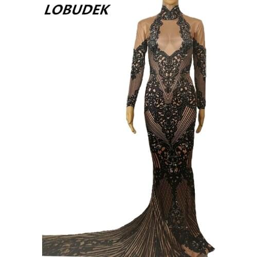 3 Colors Vintage Printed Crystals Trailing Long Dress Fishtail Dress Female Prom Stage Costume Party Celebration Stage One Piece