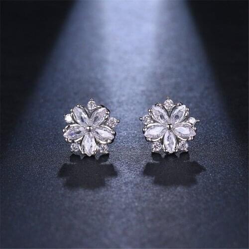 Ekopdee Luxury Flower Zircon Stud Earrings For Women Exquisite Elegant CZ Crystal Engagement Earring Zirconia Jewelry Girls Gift