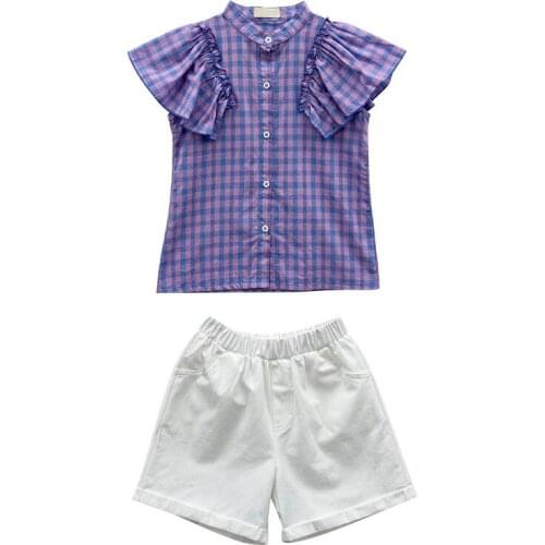 8 10 years Girls White Shorts Summer Clothes Set 2 pieces Purple Shirt Children Clothing