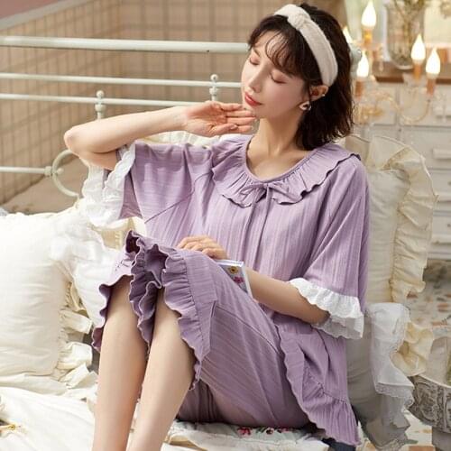 Summer Pajamas Womens Cotton Korean Sweet Sleepwear Set Lace Princess Homewear Short Sleeve Two-Piece Suit Pijama Mujer