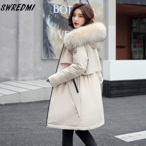 SWREDMI Fashion Long Fur Lining Warm Jackets Women 2021 New Snow Wear Thick Parkas Hooded Clothing Plus Size S-3XL Coats
