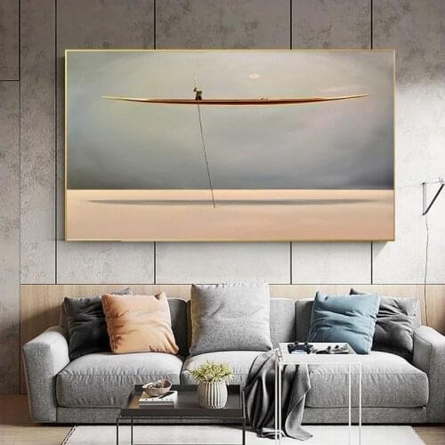 Sea Golden Boat Abstract Canvas Painting Nordic Vintage Poster Print Modern Wall Art Decoration Picture Living Room Decor
