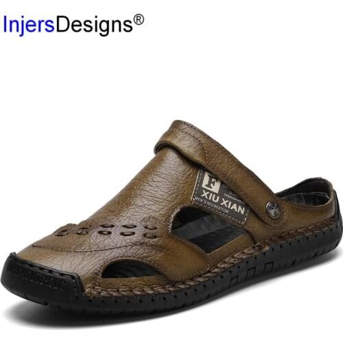 Hot Sale Men Sandals Fashion Black Khaki Casual Sandalias High Quality Genuine Leather Slippers Zapatillas Hombre Big Size 38-48